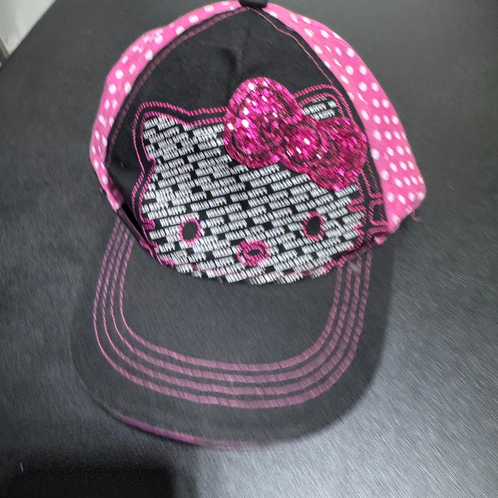Hello Kitty Baseball Cap Girls One Size Pink Black Polka Dot Sequin Bow Hat
